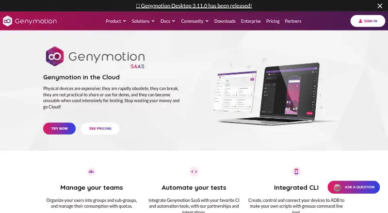 The Genymotion SaaS homepage