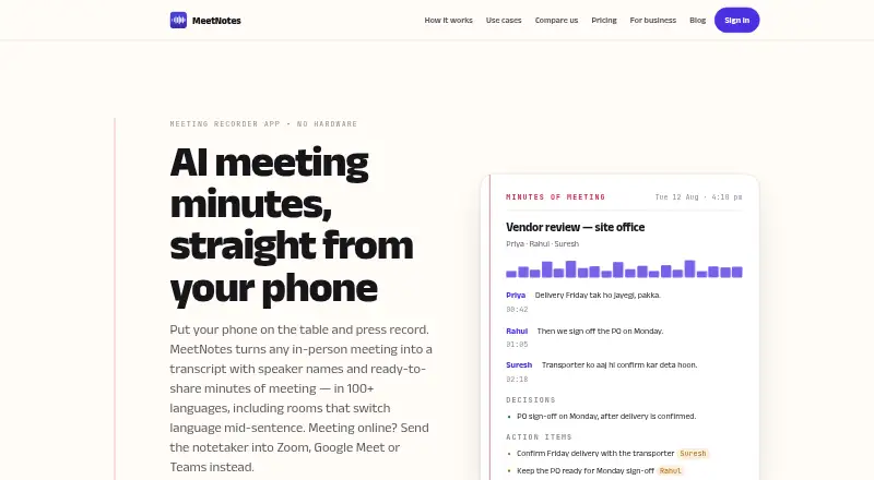 The MeetNotes homepage
