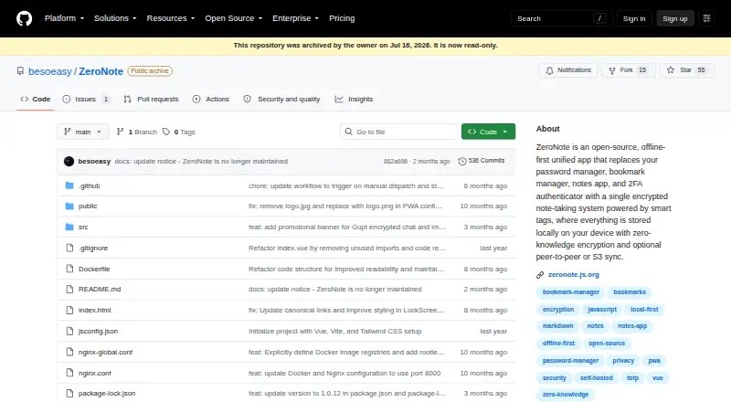 The ZeroNote homepage