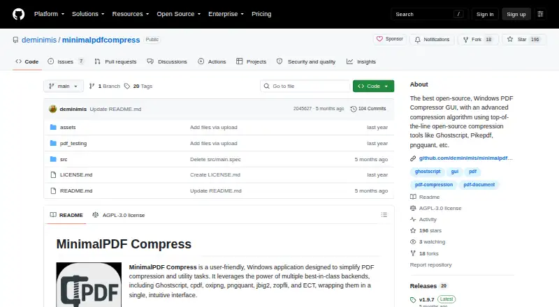 The MinimalPDF Compress homepage