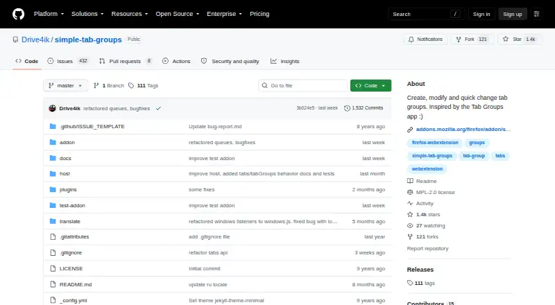 The Simple Tab Groups homepage