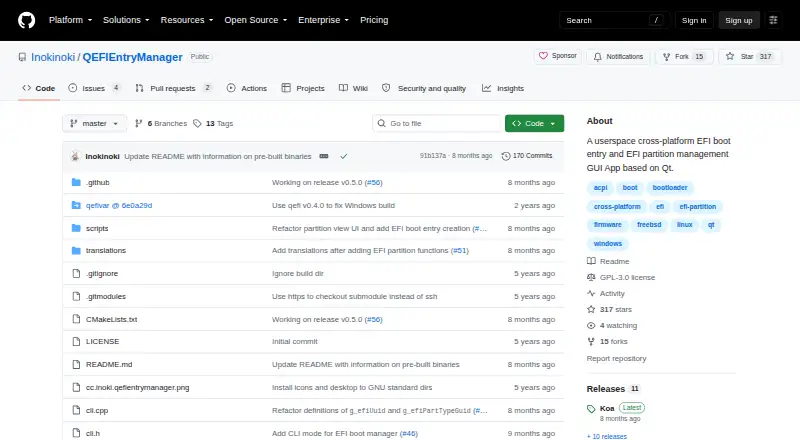 The QEFI Entry Manager homepage