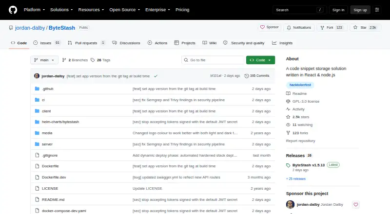 The ByteStash homepage