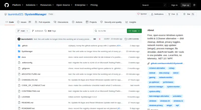 The SysManager homepage