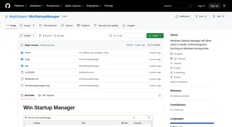 The Win Startup Manager homepage