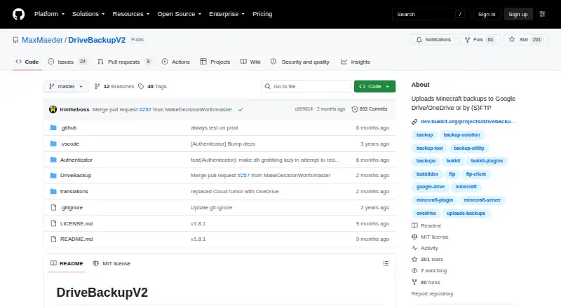 The DriveBackupV2 homepage