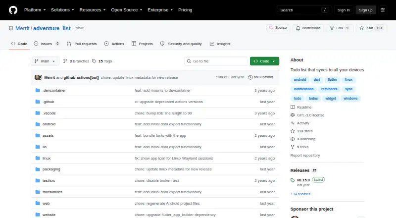 The Adventure List homepage