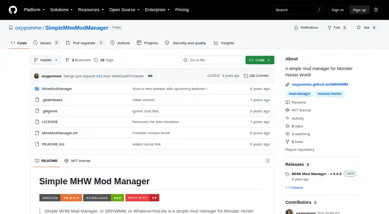The Simple MHW Mod Manager homepage