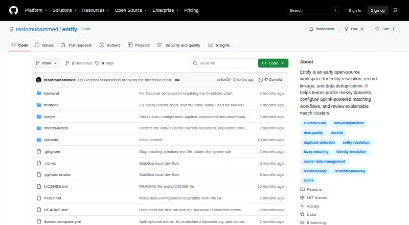 The Entify homepage
