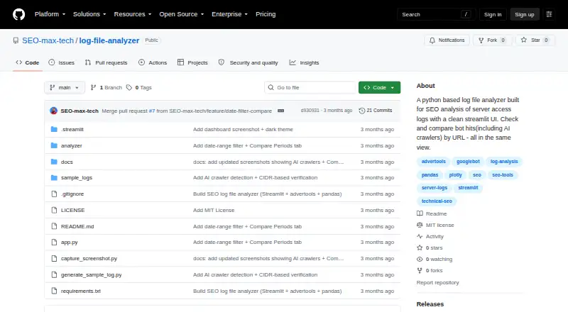 The SEO Log File Analyzer homepage