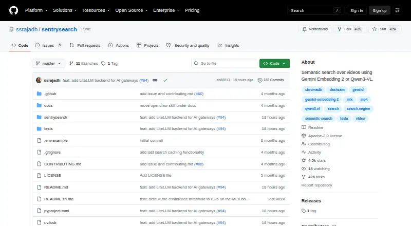 The SentrySearch homepage