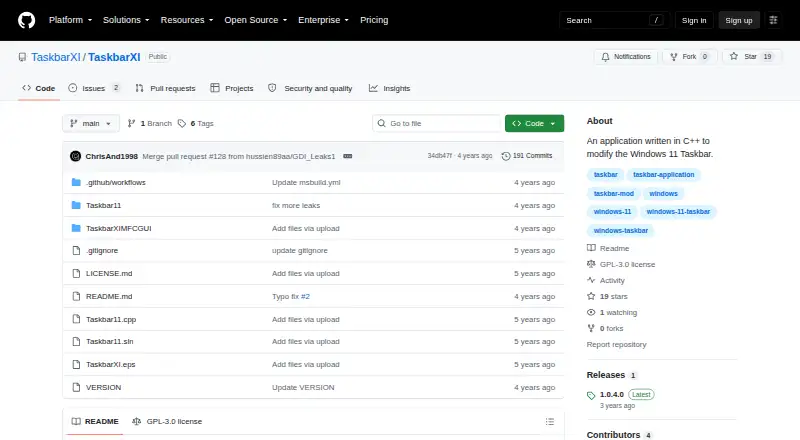 The TaskbarXI homepage