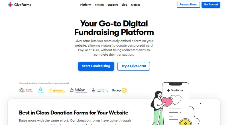 The GiveForms homepage