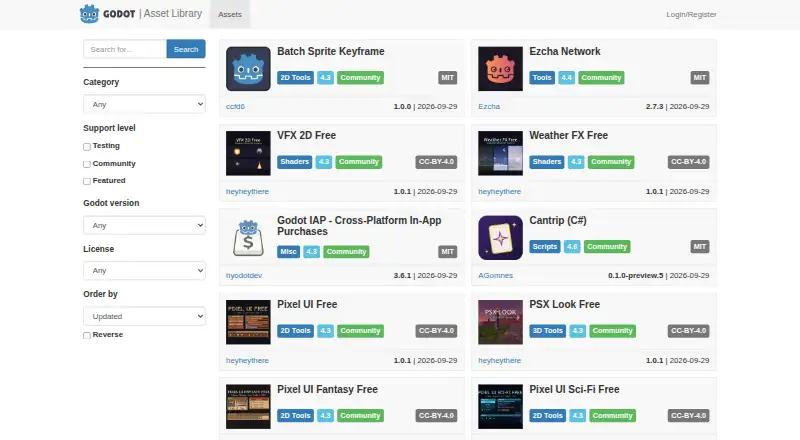 The Godot Asset Library homepage