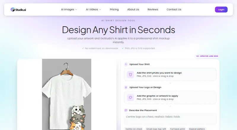 The GoStudio AI Shirt Design Tool homepage