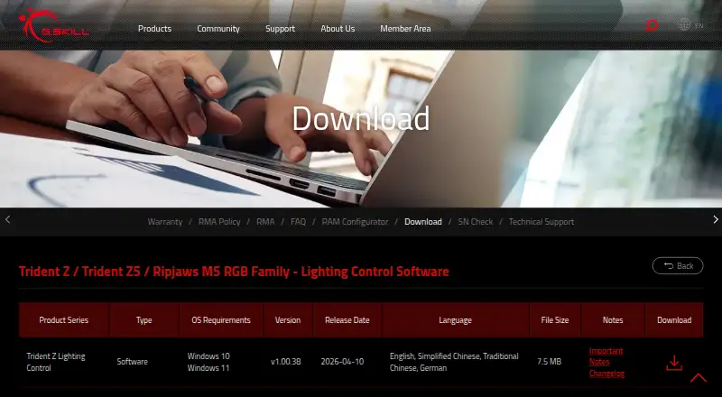 The G.SKILL Trident Z Lighting Control homepage