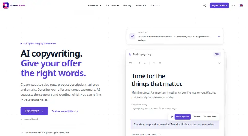 The GuideGlare AI Copywriting homepage