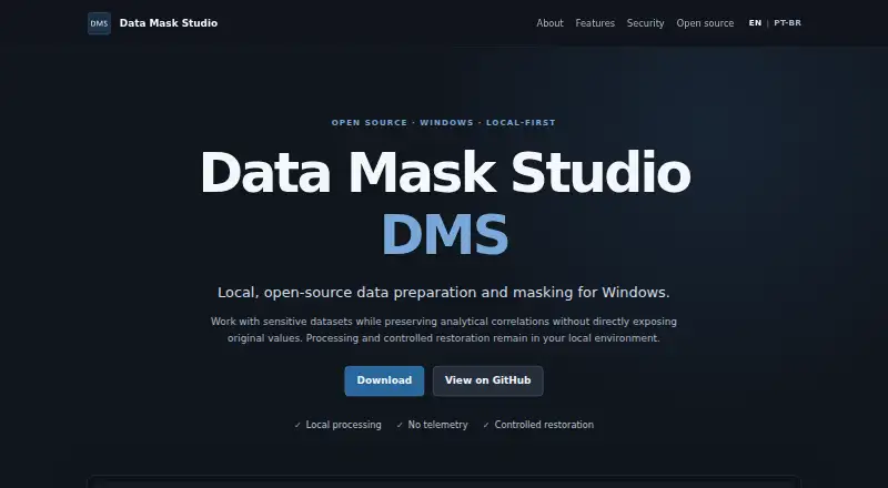 The Data Mask Studio homepage