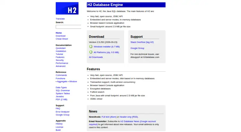 The H2 Database Engine homepage