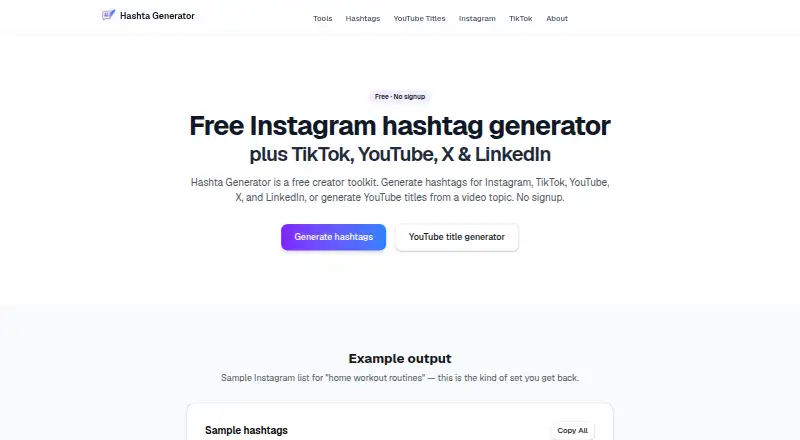 The Hashta Generator homepage