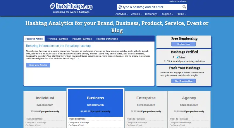 The Hashtags.org Analytics homepage