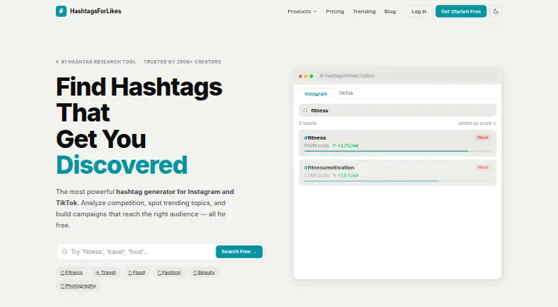 The HashtagsForLikes homepage