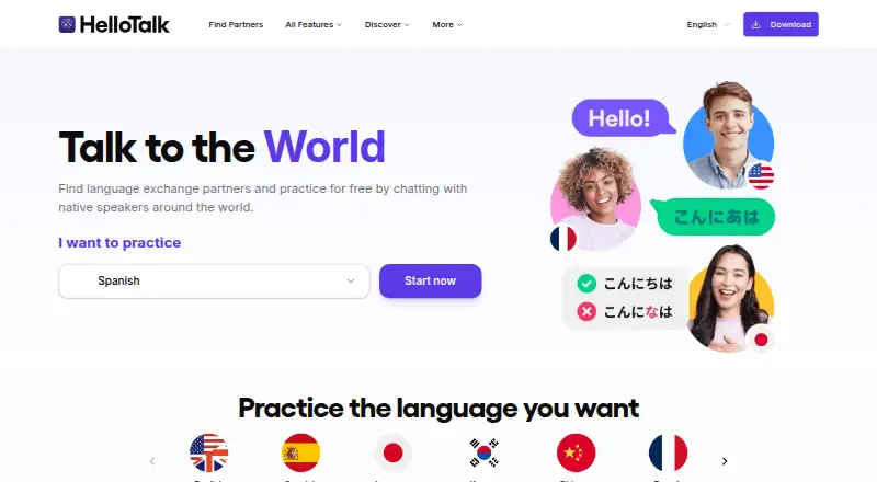 The HelloTalk homepage