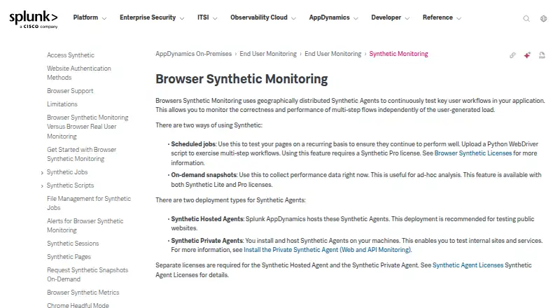 The AppDynamics Browser Synthetic Monitoring homepage