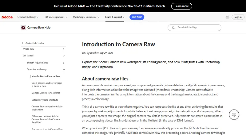 The Adobe Camera Raw homepage