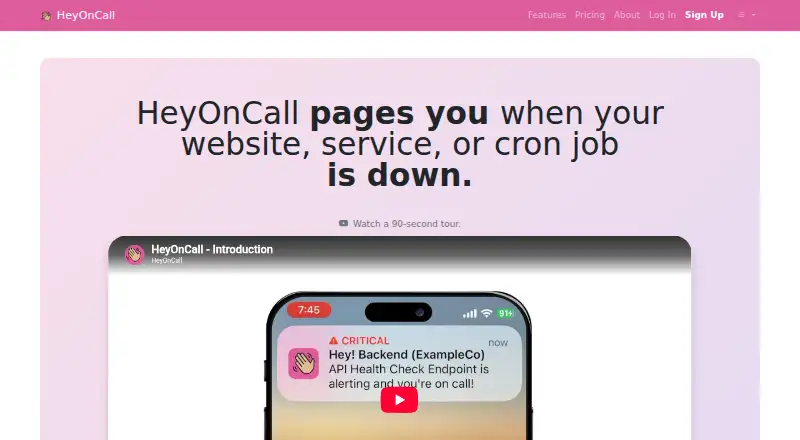 The HeyOnCall homepage