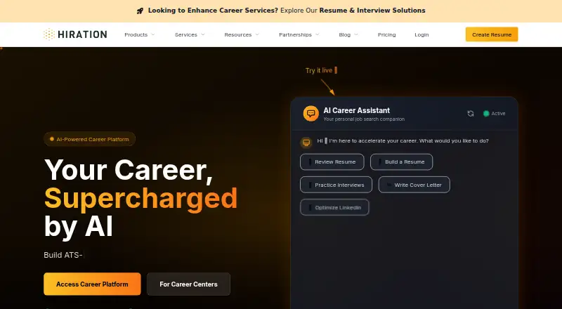 The Hiration Cover Letter Builder homepage