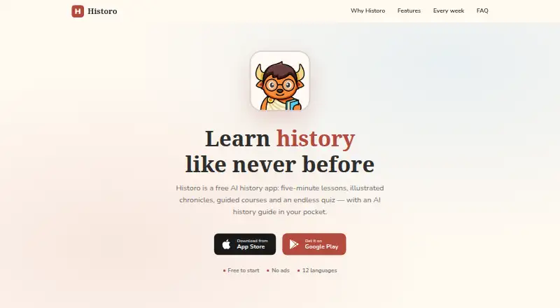 The Historo homepage