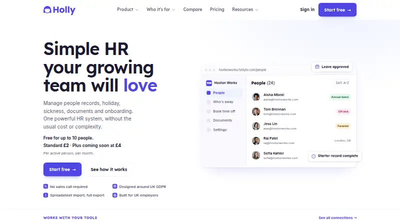 The HollyHR homepage