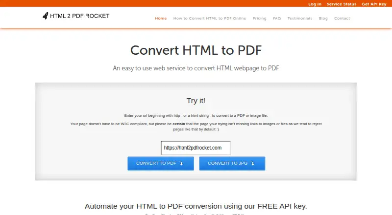 The HTML2PDF Rocket homepage