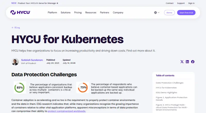 The HYCU for Kubernetes homepage