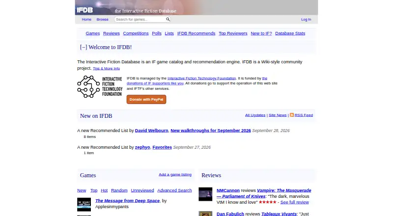 The Interactive Fiction Database homepage