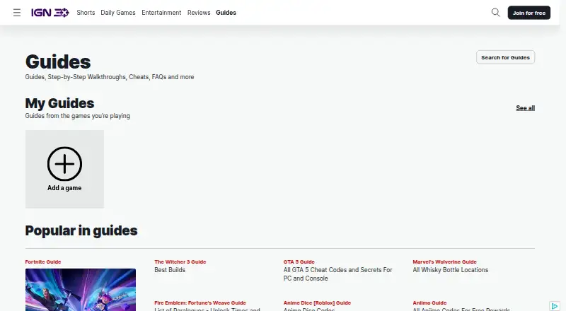 The IGN Guides homepage