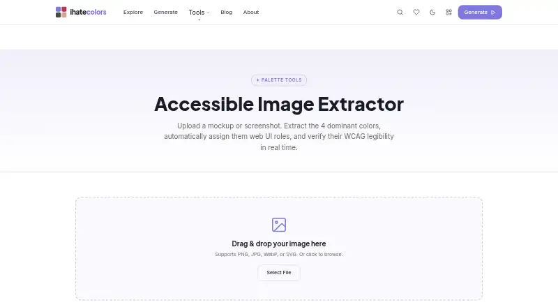The ihatecolors Image Extractor homepage