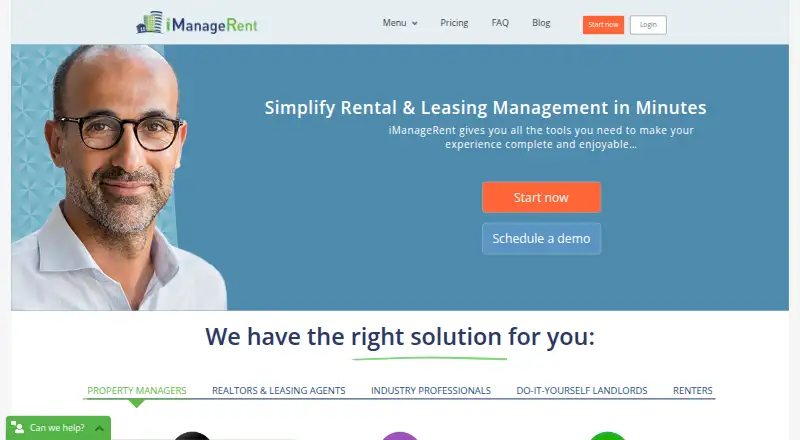 The iManageRent homepage