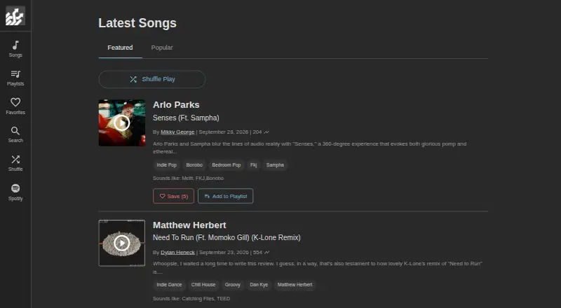 The Indie Shuffle homepage