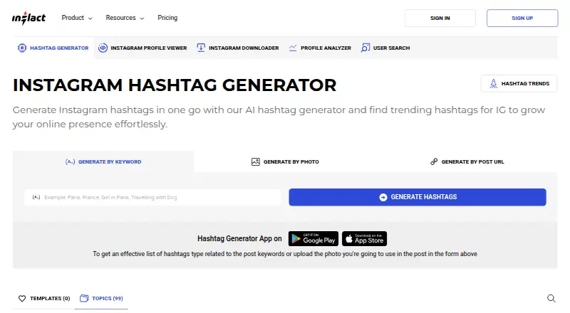 The Inflact Hashtag Generator homepage