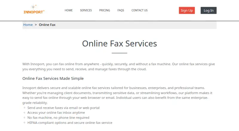 The Innoport Online Fax homepage