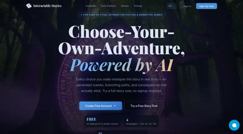 The Interactable Stories homepage