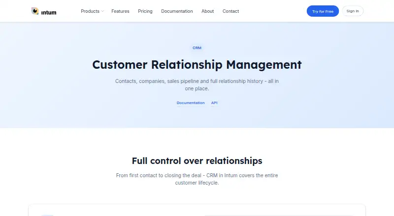 The Intum CRM homepage