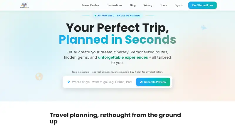 The ItinerarySeek homepage