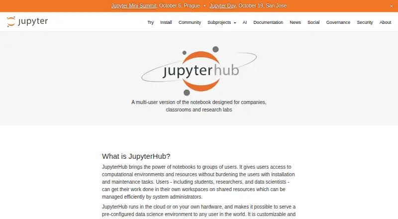 The JupyterHub homepage