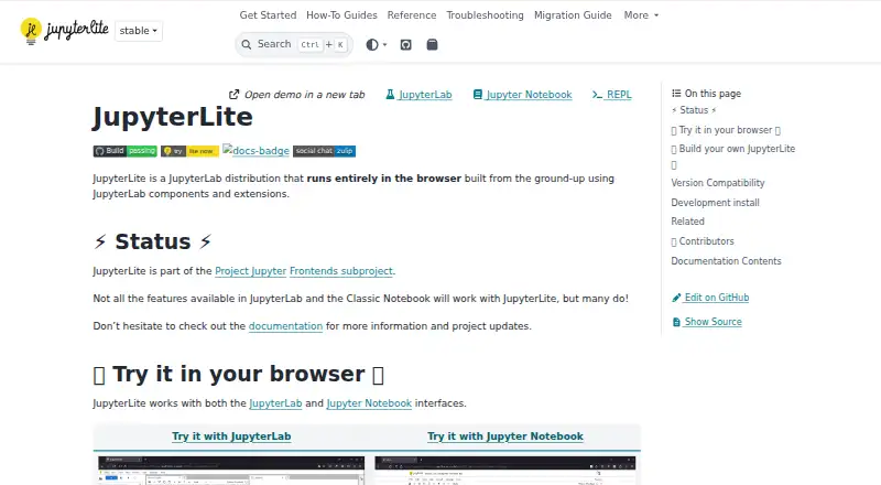 The JupyterLite homepage