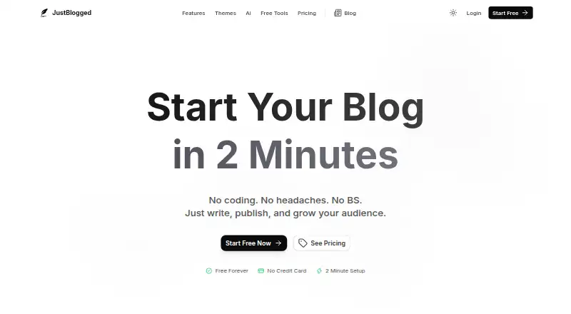 The JustBlogged homepage