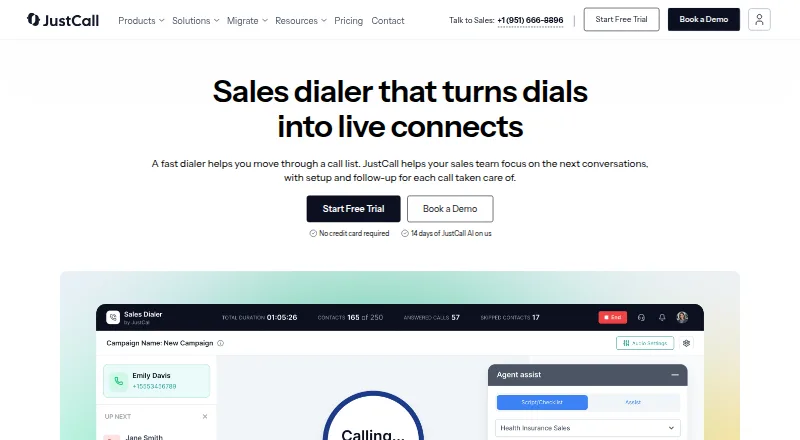 The JustCall Sales Dialer homepage