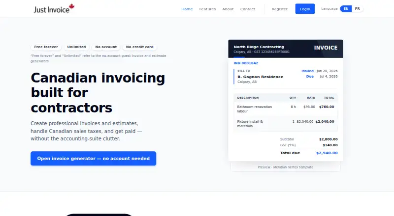 The Just Invoice homepage